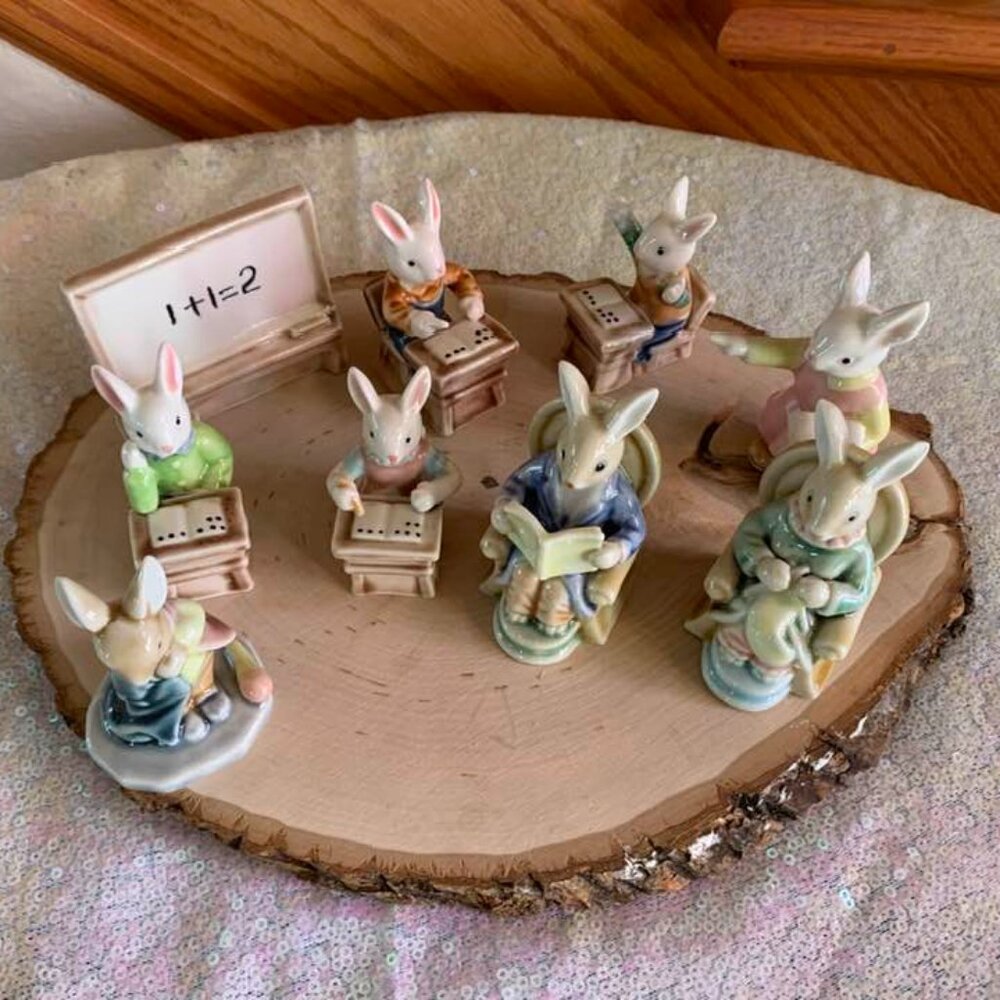 Vintage 9-piece porcelain/ceramic rabbits. Teacher, students, learning board +